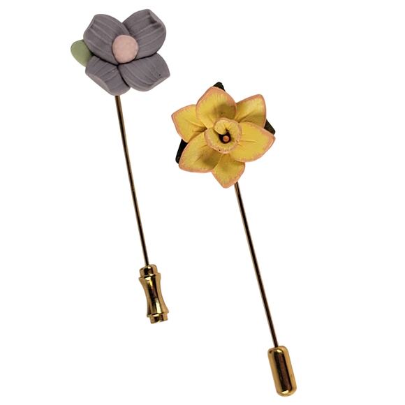 Vintage Floral Lapel Stick Pins Porcelain Clay Flowers  Set of 2 Cottagecore - Picture 1 of 10